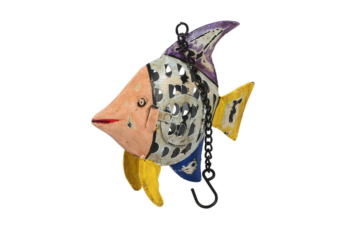 Indian Artisan Made Recycled Iron Fish Hanging Tealight Candle Lantern Garden Decoration