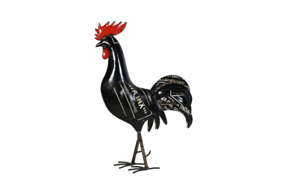 Recycled Iron Black Rooster Garden Decoration - Artisan-Made Cockerel Figure