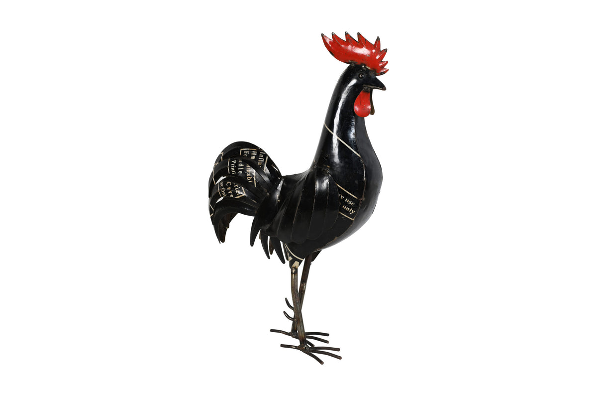 Recycled Iron Black Rooster Garden Decoration - Artisan-Made Cockerel Figure