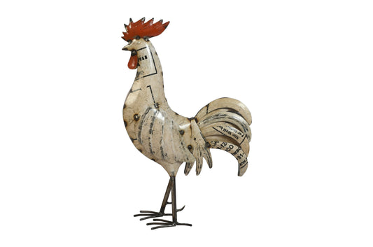 Recycled Iron White Rooster Garden Decoration - Large Artisan-Made Cockerel Figure