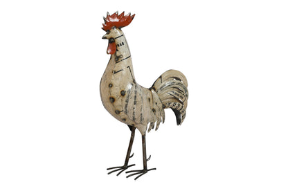 Recycled Iron White Rooster Garden Decoration - Large Artisan-Made Cockerel Figure