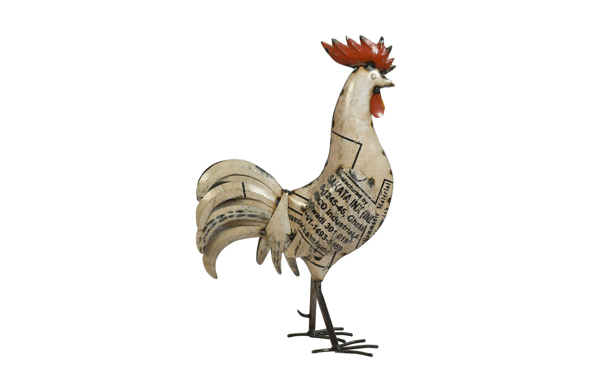 Recycled Iron White Rooster Garden Decoration - Large Artisan-Made Cockerel Figure