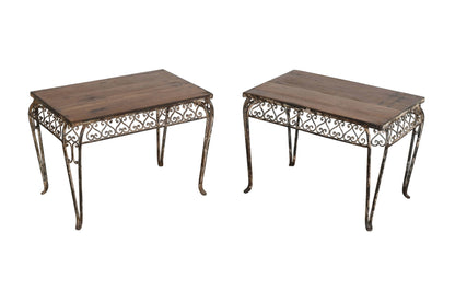 Fine Matching Pair (2) of Antique Indian Iron and Teak Wood Side Tables