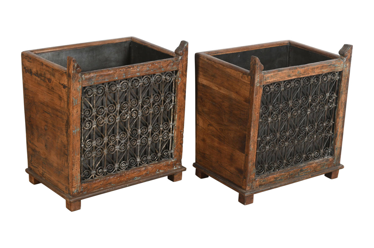 Indian Reclaimed Pair (2) Of Teak Wood And Iron Planters
