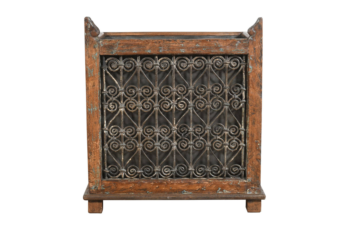 Indian Reclaimed Pair (2) Of Teak Wood And Iron Planters