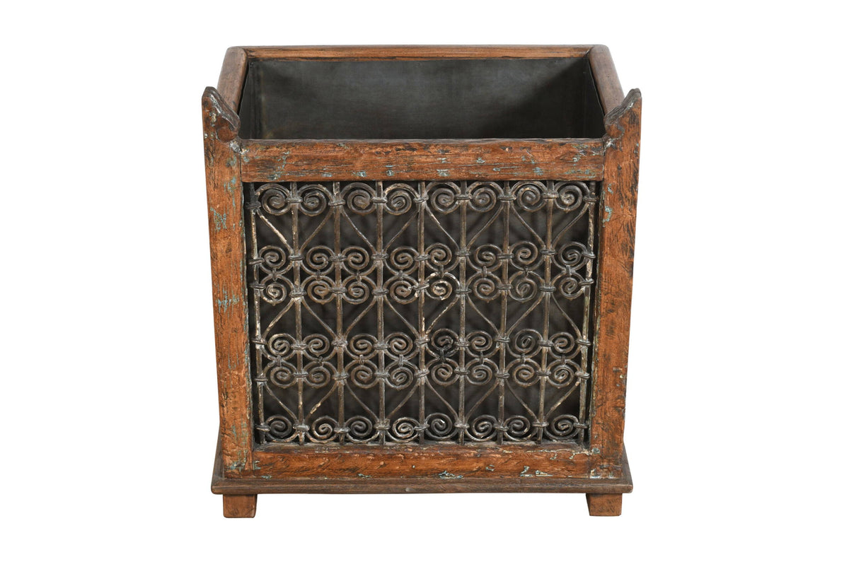 Indian Reclaimed Pair (2) Of Teak Wood And Iron Planters