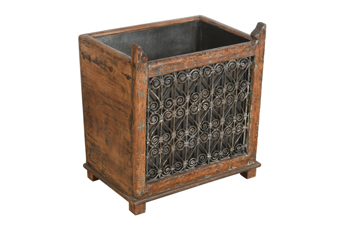 Indian Reclaimed Pair (2) Of Teak Wood And Iron Planters