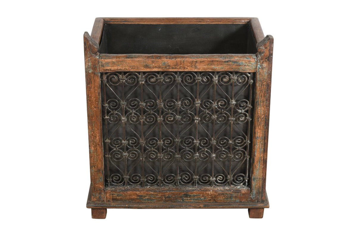 Indian Reclaimed Pair (2) Of Teak Wood And Iron Planters