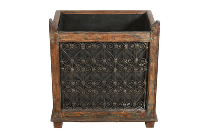 Indian Reclaimed Pair (2) Of Teak Wood And Iron Planters
