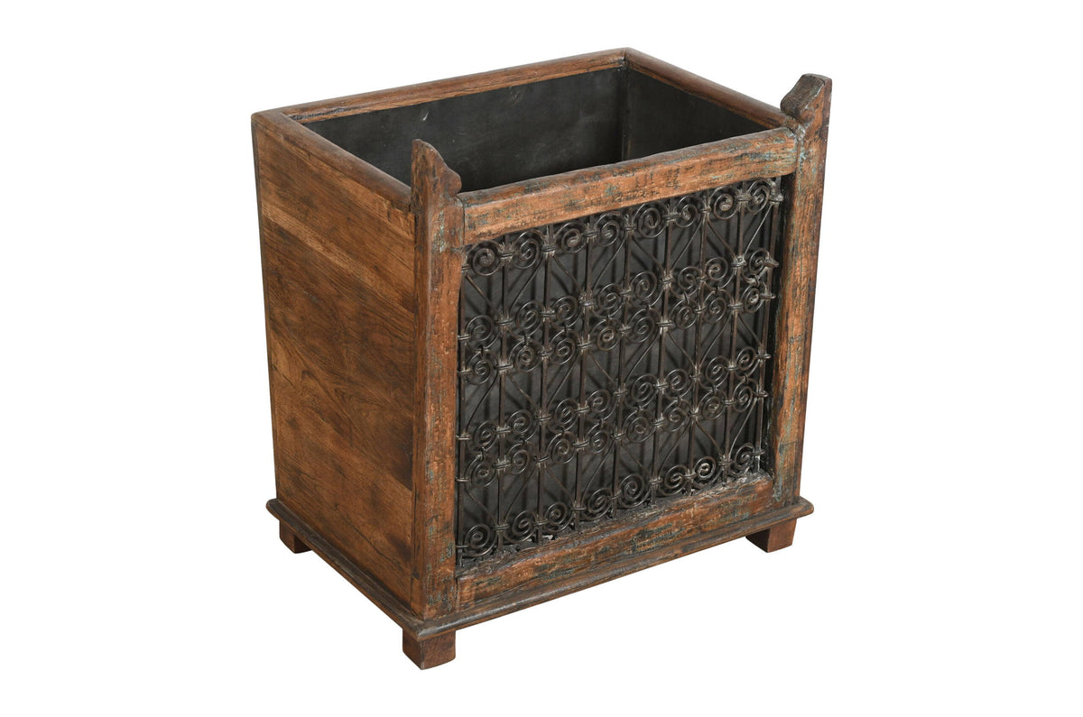 Indian Reclaimed Pair (2) Of Teak Wood And Iron Planters