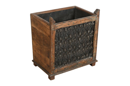 Indian Reclaimed Pair (2) Of Teak Wood And Iron Planters