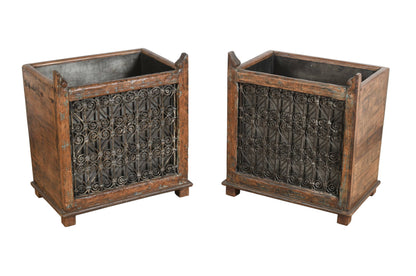 Indian Reclaimed Pair (2) Of Teak Wood And Iron Planters