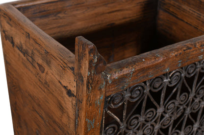 Indian Reclaimed Pair (2) Of Teak Wood And Iron Planters