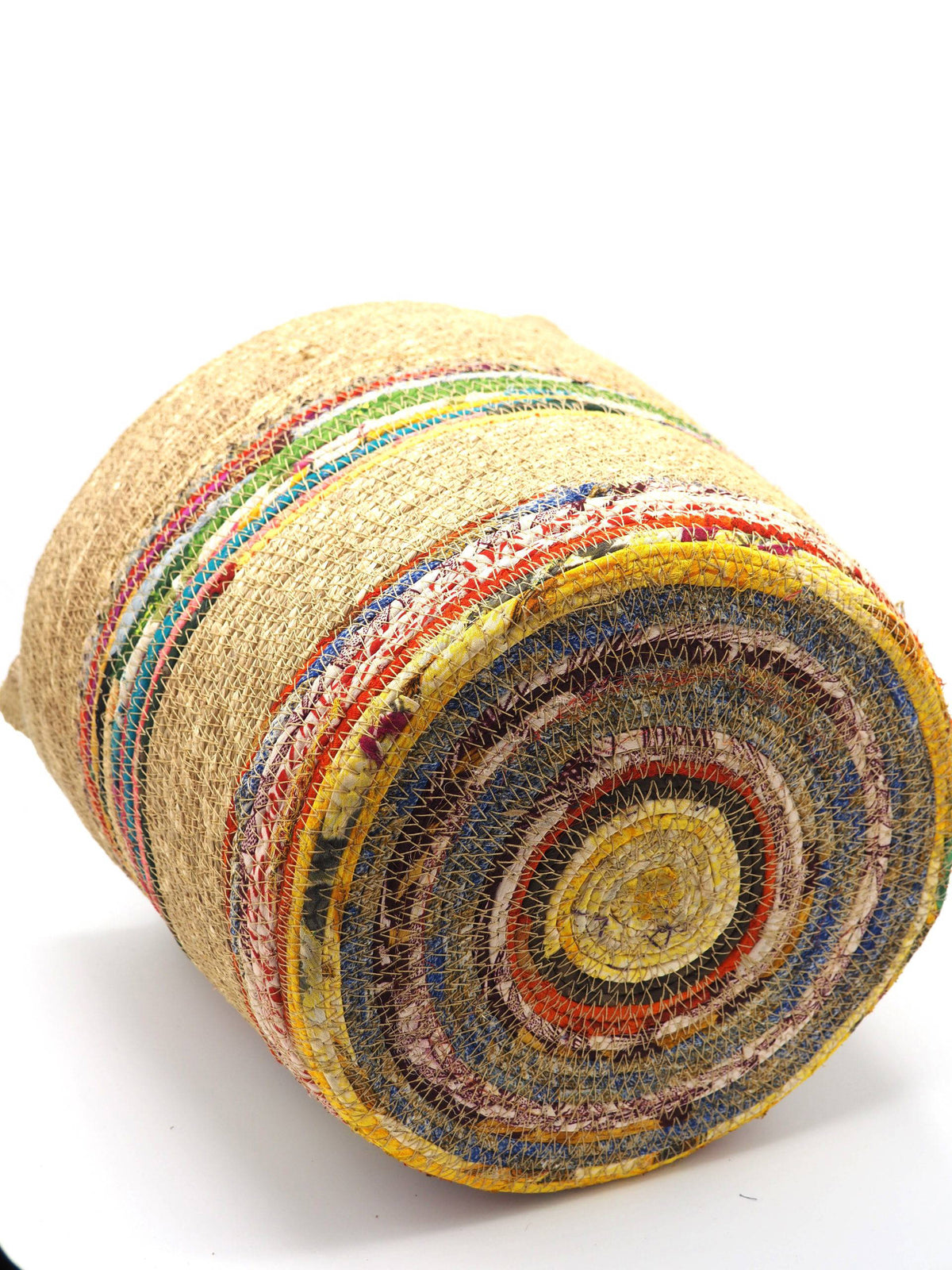 Munja And Reclaimed Fabric Eco Plant Pot Cover With Handles - Large