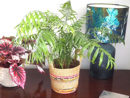 Munja And Reclaimed Fabric Eco Plant Pot Cover With Handles - Large