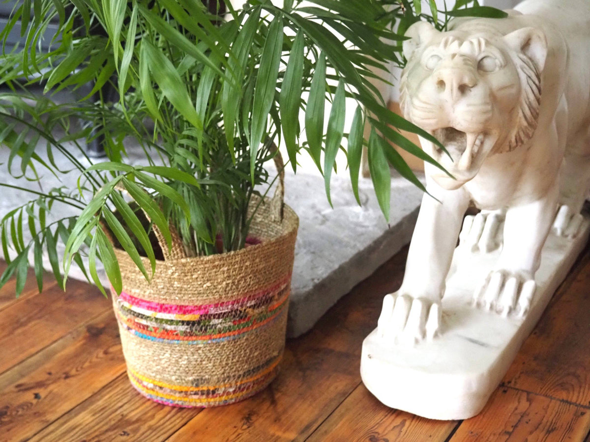Munja And Reclaimed Fabric Eco Plant Pot Cover With Handles - Large