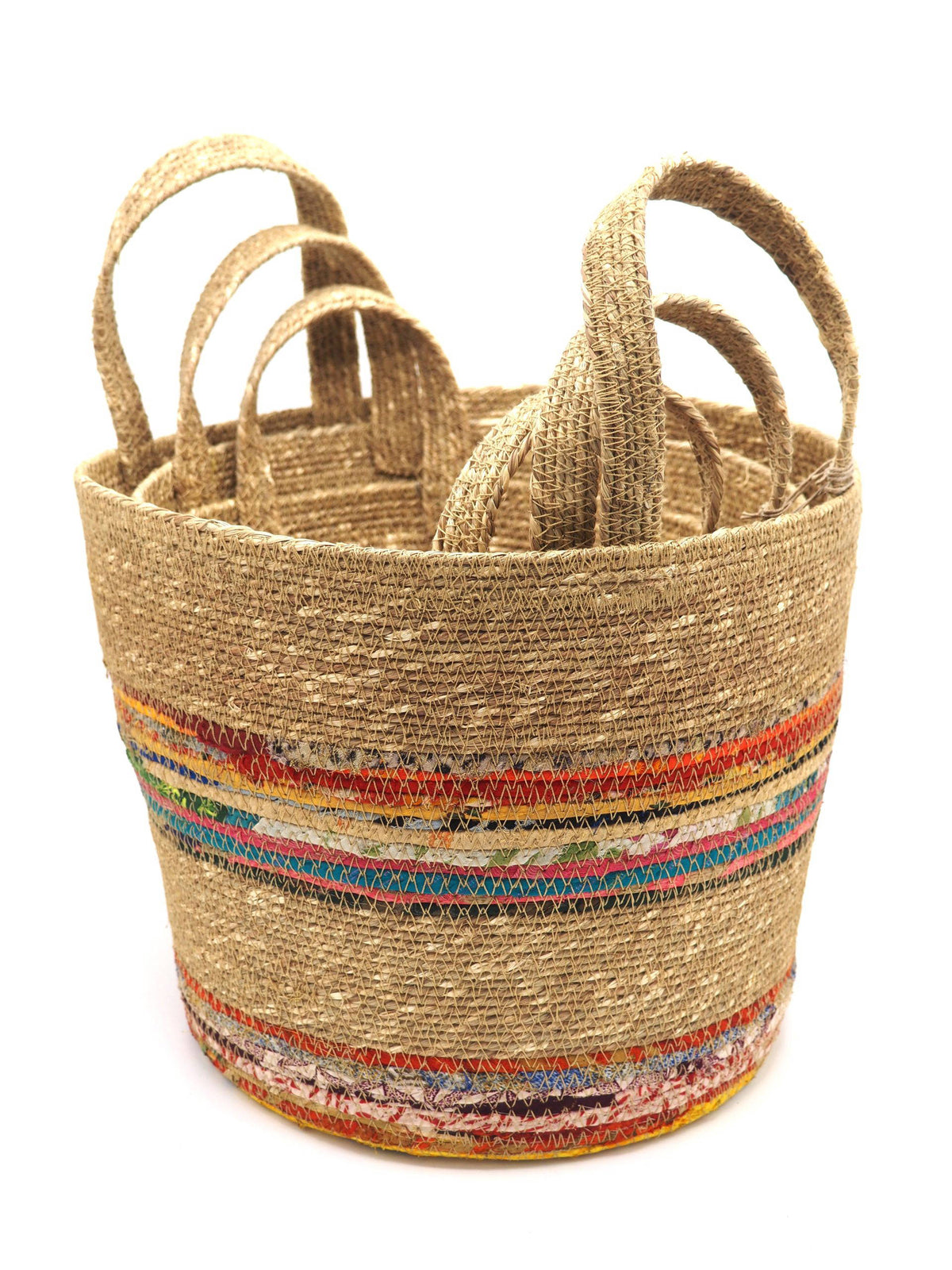 Munja And Reclaimed Fabric Eco Plant Pot Cover With Handles - Set Of 3