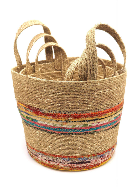 Munja And Reclaimed Fabric Eco Plant Pot Cover With Handles - Set Of 3