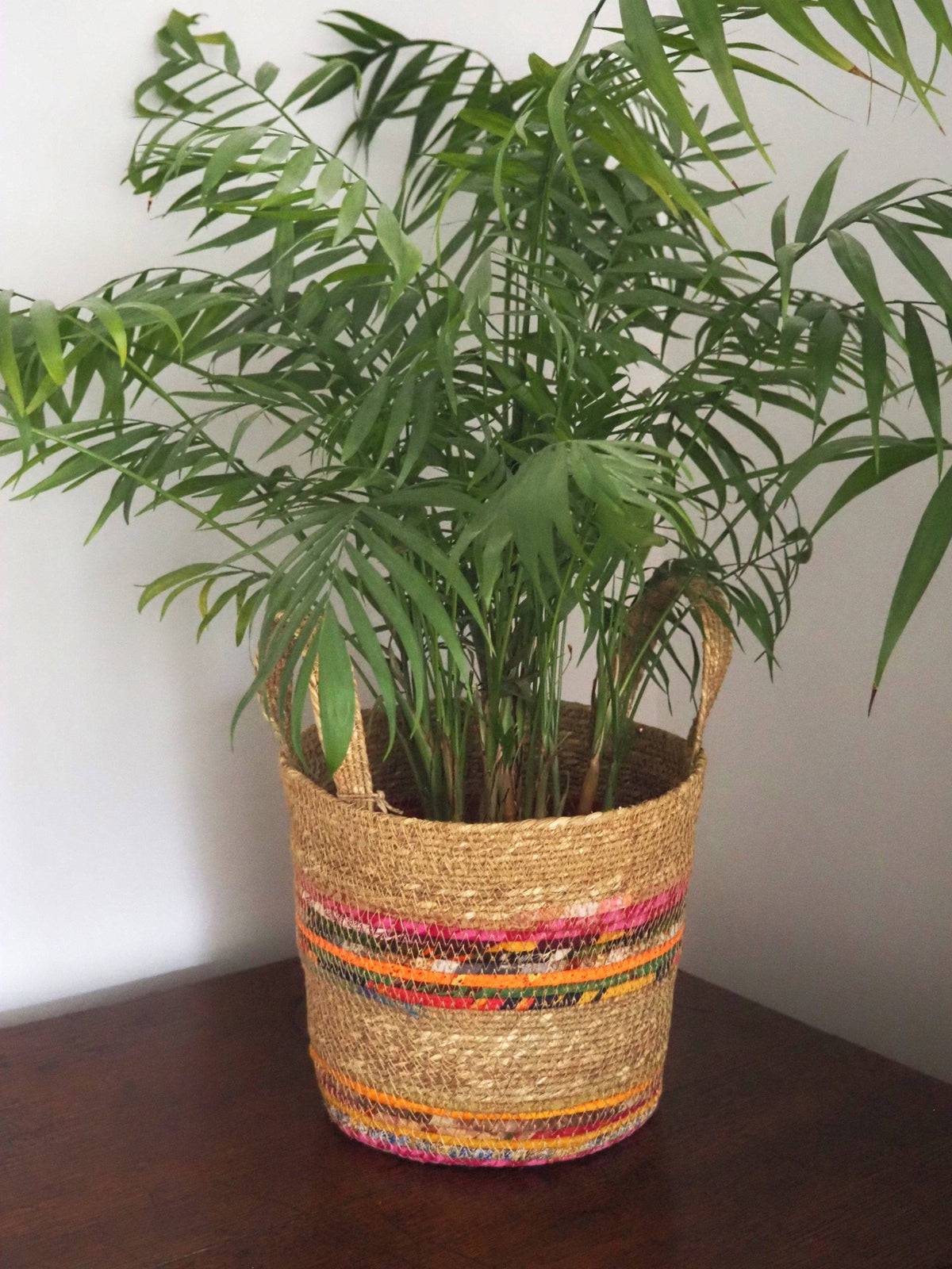 Munja And Reclaimed Fabric Eco Plant Pot Cover With Handles - Set Of 3
