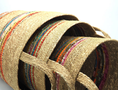 Munja And Reclaimed Fabric Eco Plant Pot Cover With Handles - Set Of 3
