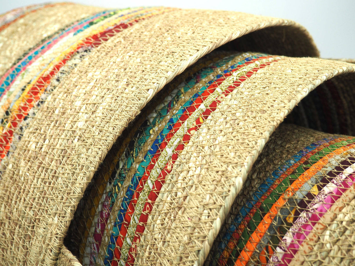 Munja And Reclaimed Fabric Eco Plant Pot Cover With Handles - Set Of 3