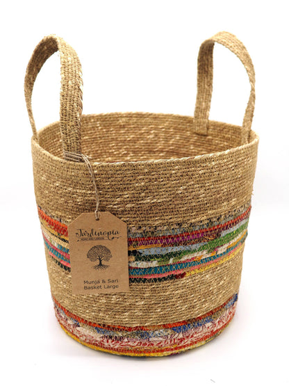 Munja And Reclaimed Fabric Eco Plant Pot Cover With Handles - Set Of 3
