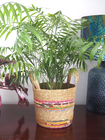 Munja And Reclaimed Fabric Eco Plant Pot Cover With Handles - Set Of 3