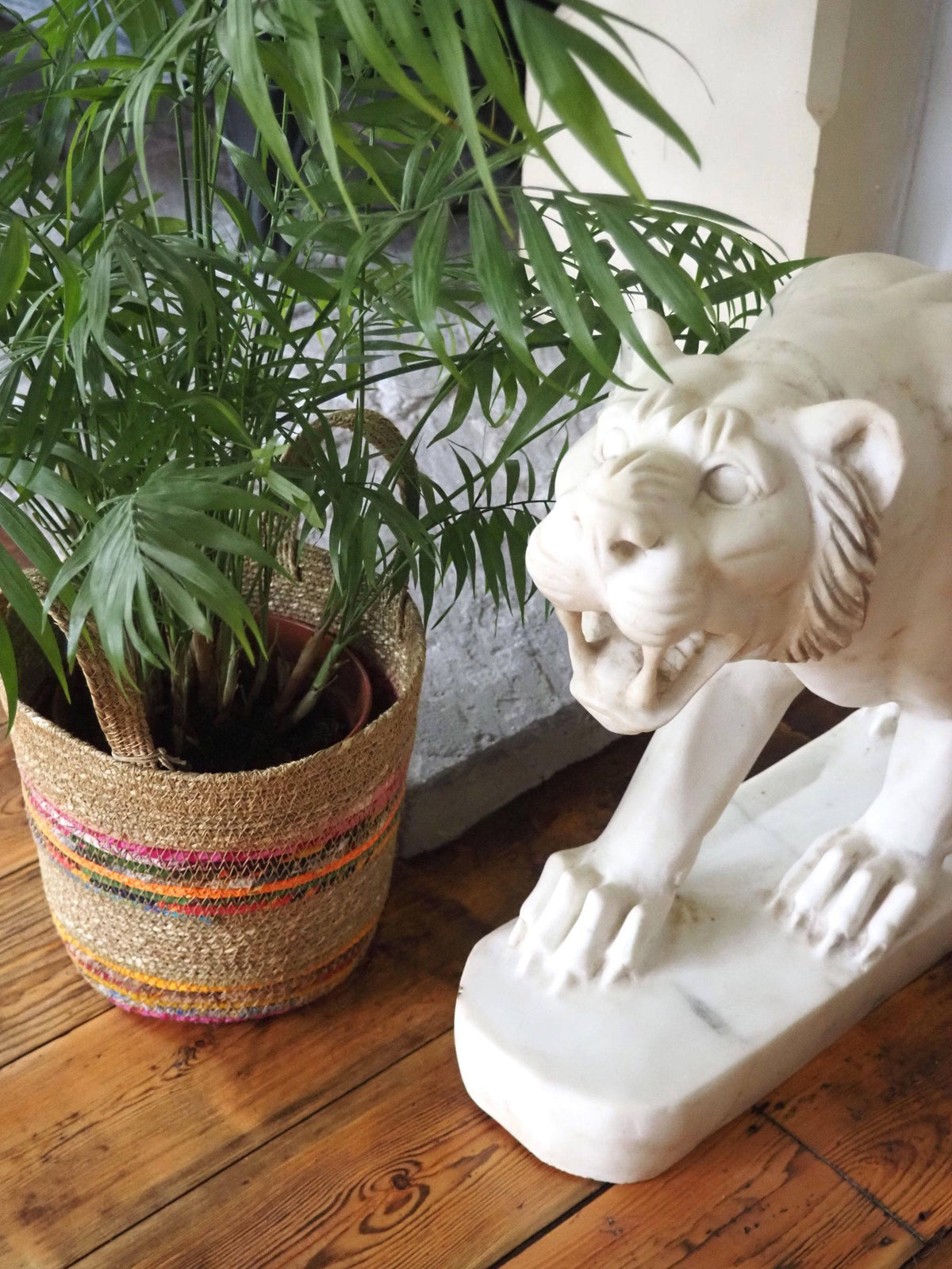 Munja And Reclaimed Fabric Eco Plant Pot Cover With Handles - Medium