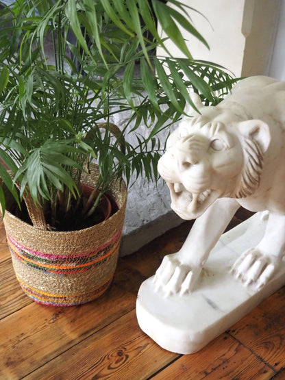 Munja And Reclaimed Fabric Eco Plant Pot Cover With Handles - Medium