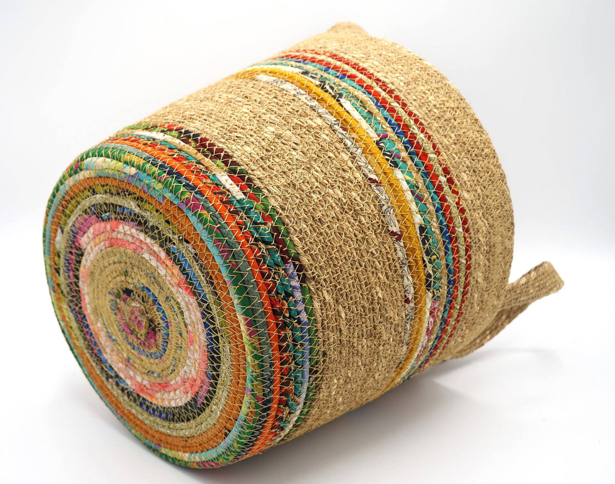 Munja And Reclaimed Fabric Eco Plant Pot Cover With Handles - Medium