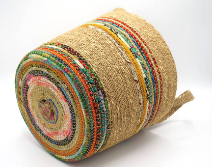Munja And Reclaimed Fabric Eco Plant Pot Cover With Handles - Medium