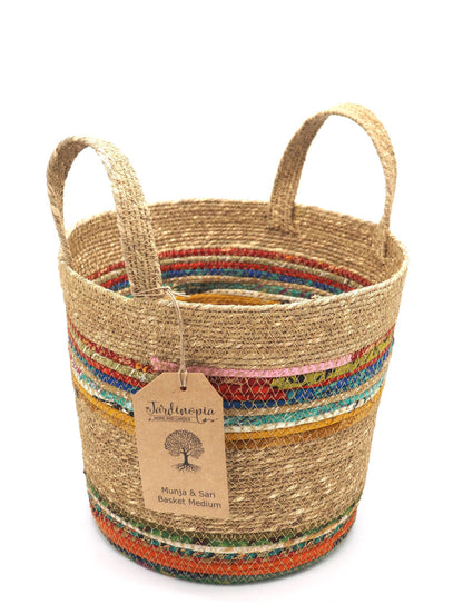 Munja And Reclaimed Fabric Eco Plant Pot Cover With Handles - Medium
