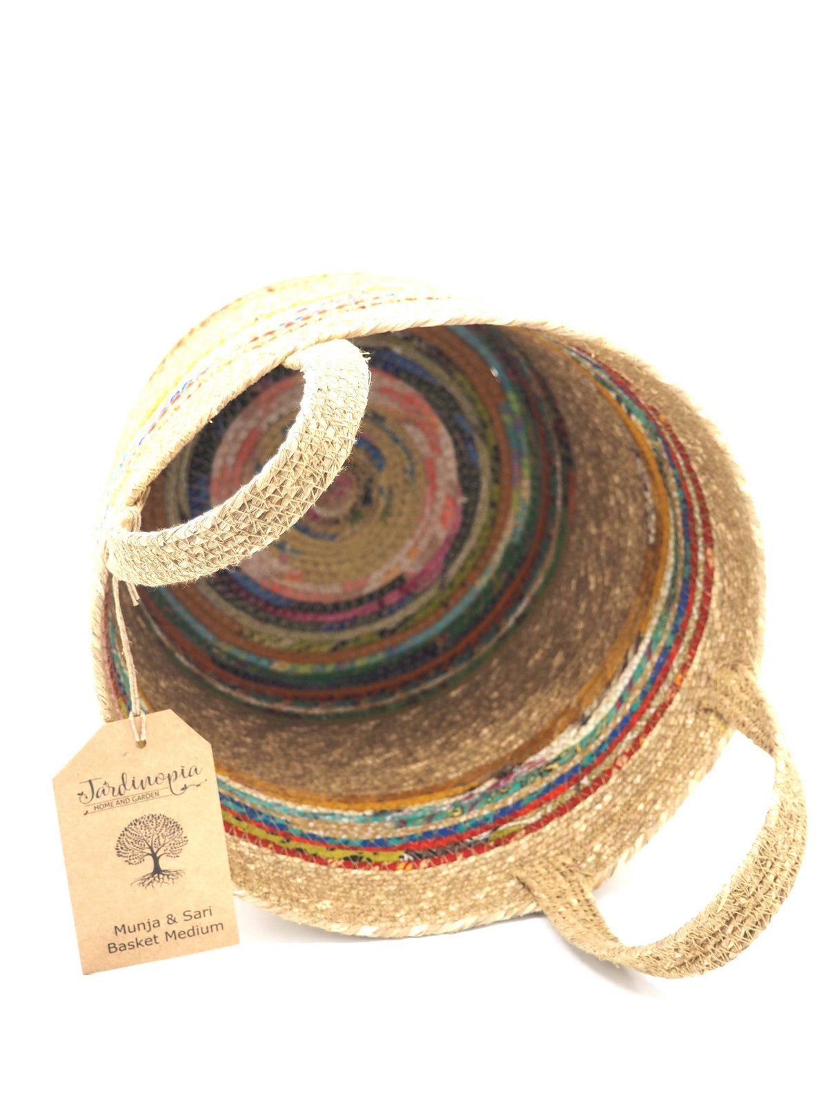 Munja And Reclaimed Fabric Eco Plant Pot Cover With Handles - Medium