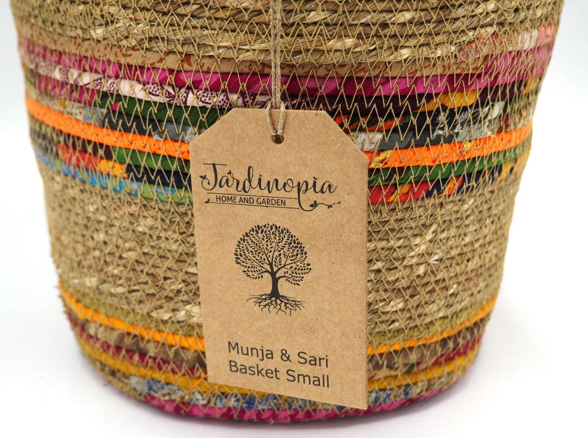 Munja And Reclaimed Fabric Eco Plant Pot Cover With Handles - Medium