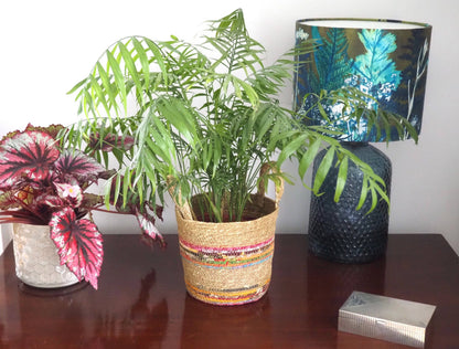 Munja And Reclaimed Fabric Eco Plant Pot Cover With Handles - Small