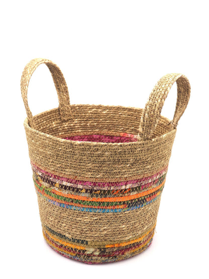 Munja And Reclaimed Fabric Eco Plant Pot Cover With Handles - Small