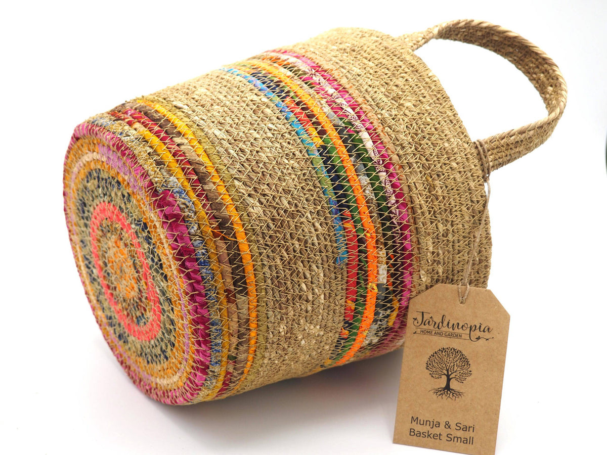 Munja And Reclaimed Fabric Eco Plant Pot Cover With Handles - Small