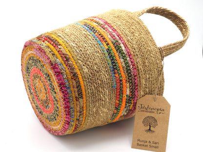 Munja And Reclaimed Fabric Eco Plant Pot Cover With Handles - Small