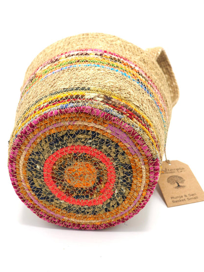 Munja And Reclaimed Fabric Eco Plant Pot Cover With Handles - Small