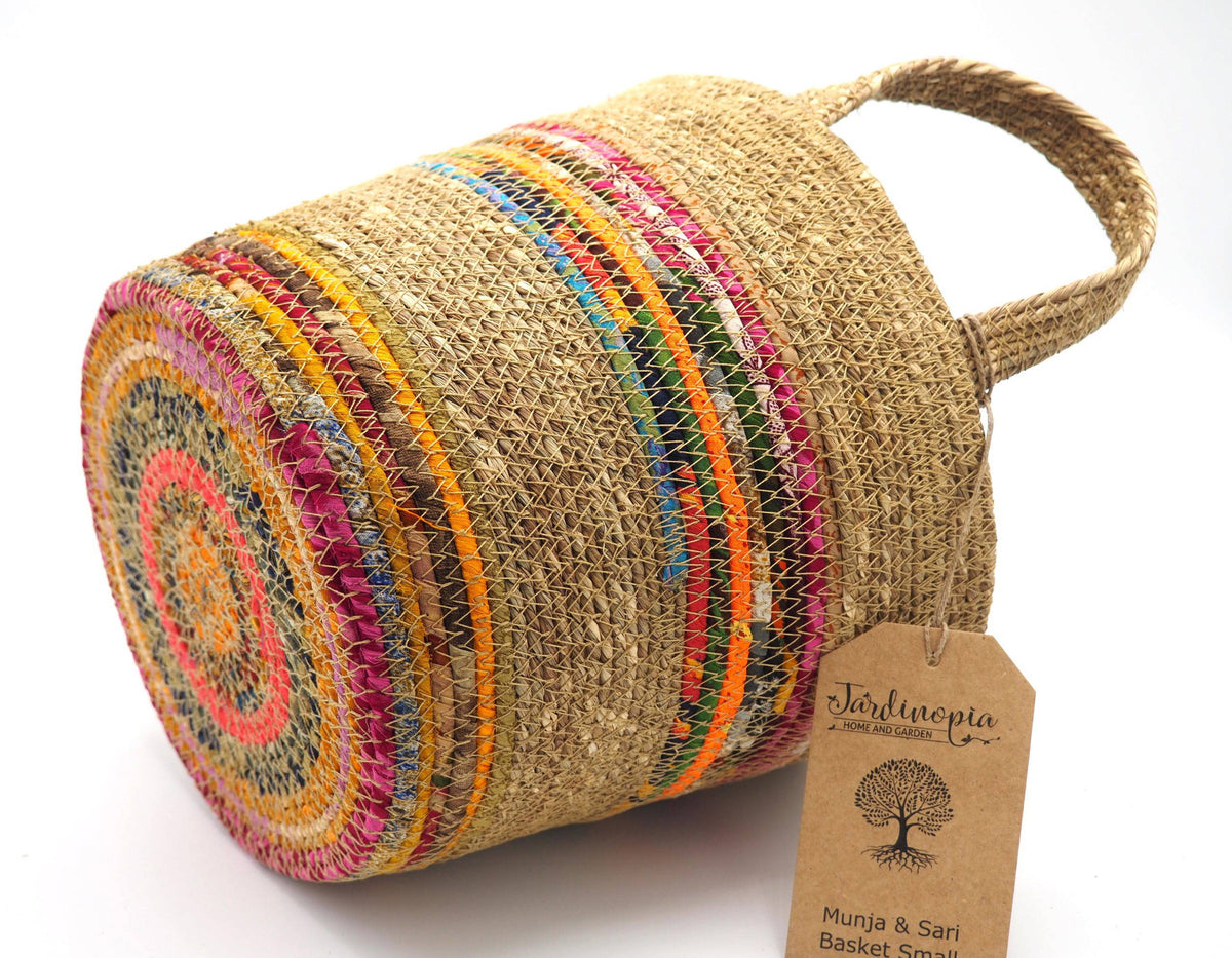 Munja And Reclaimed Fabric Eco Plant Pot Cover With Handles - Small