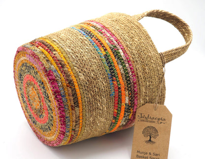 Munja And Reclaimed Fabric Eco Plant Pot Cover With Handles - Small