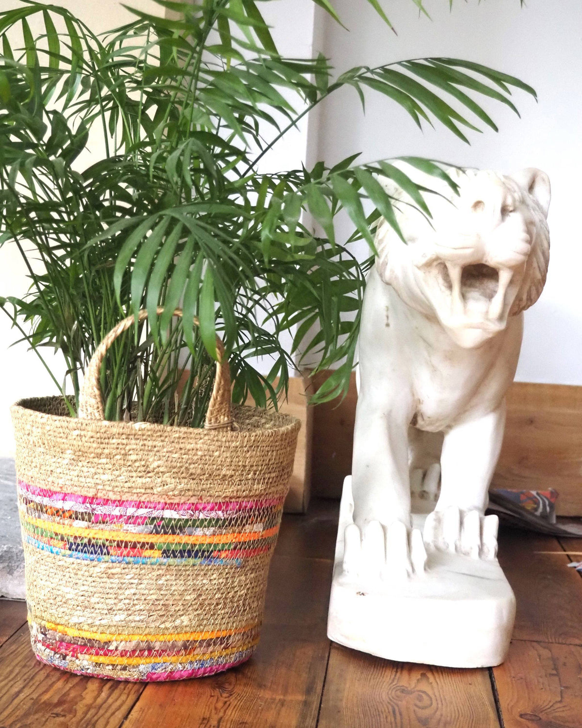 Munja And Reclaimed Fabric Eco Plant Pot Cover With Handles - Small
