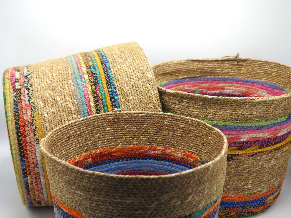 Munja And Reclaimed Fabric Eco Planter With Removable Metal Liner - Set Of 3