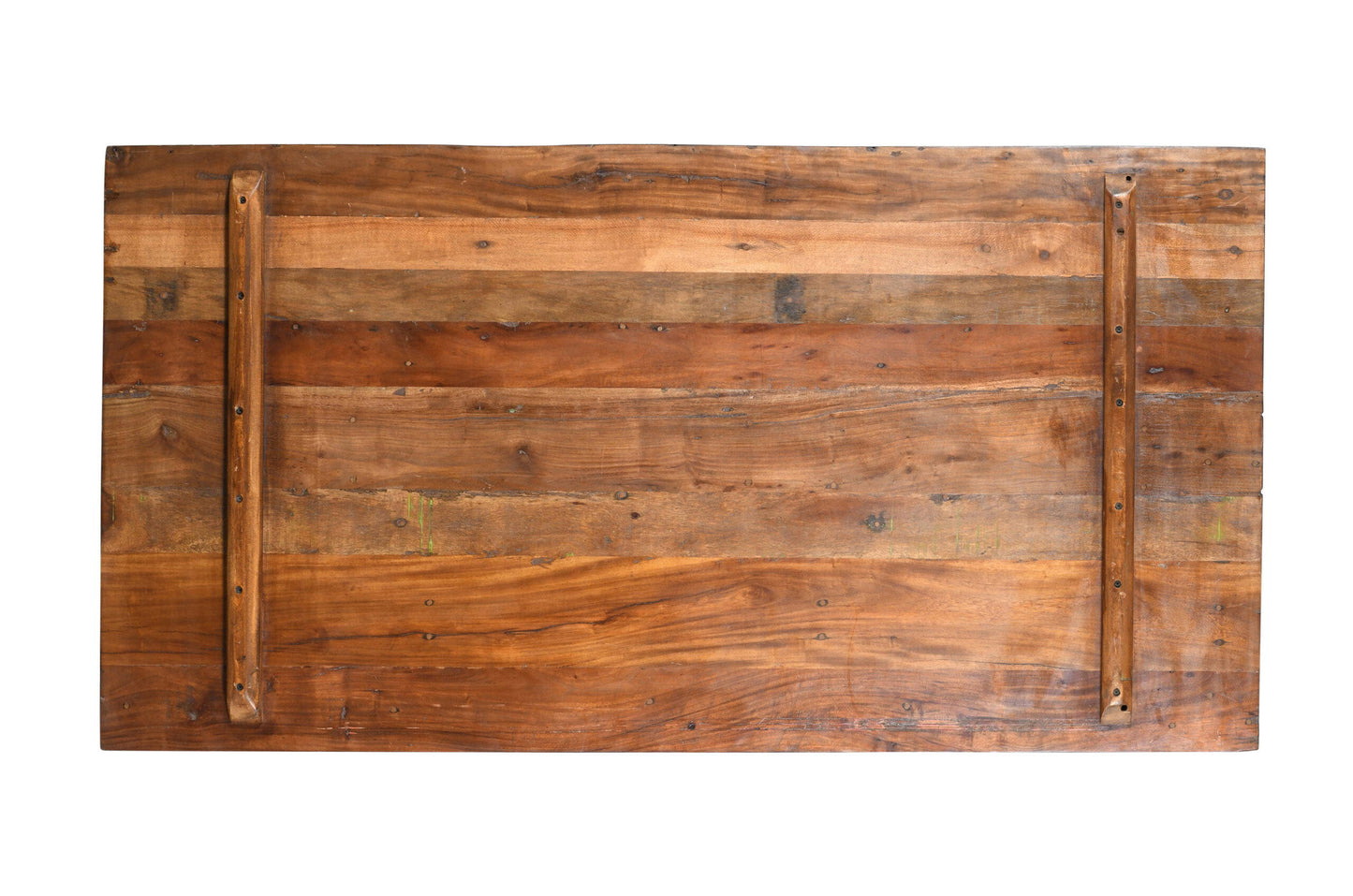 Reclaimed Indian Painted Teak Wood Trestle Table And Top, Supported By A Solid Blacksmith Made Heavyweight Trestle Pair