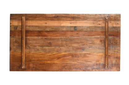 Reclaimed Indian Painted Teak Wood Trestle Table And Top, Supported By A Solid Blacksmith Made Heavyweight Trestle Pair
