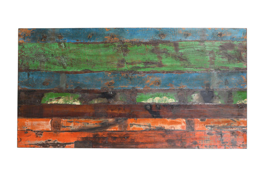 Reclaimed Indian Painted Teak Wood Trestle Table And Top, Supported By A Solid Blacksmith Made Heavyweight Trestle Pair