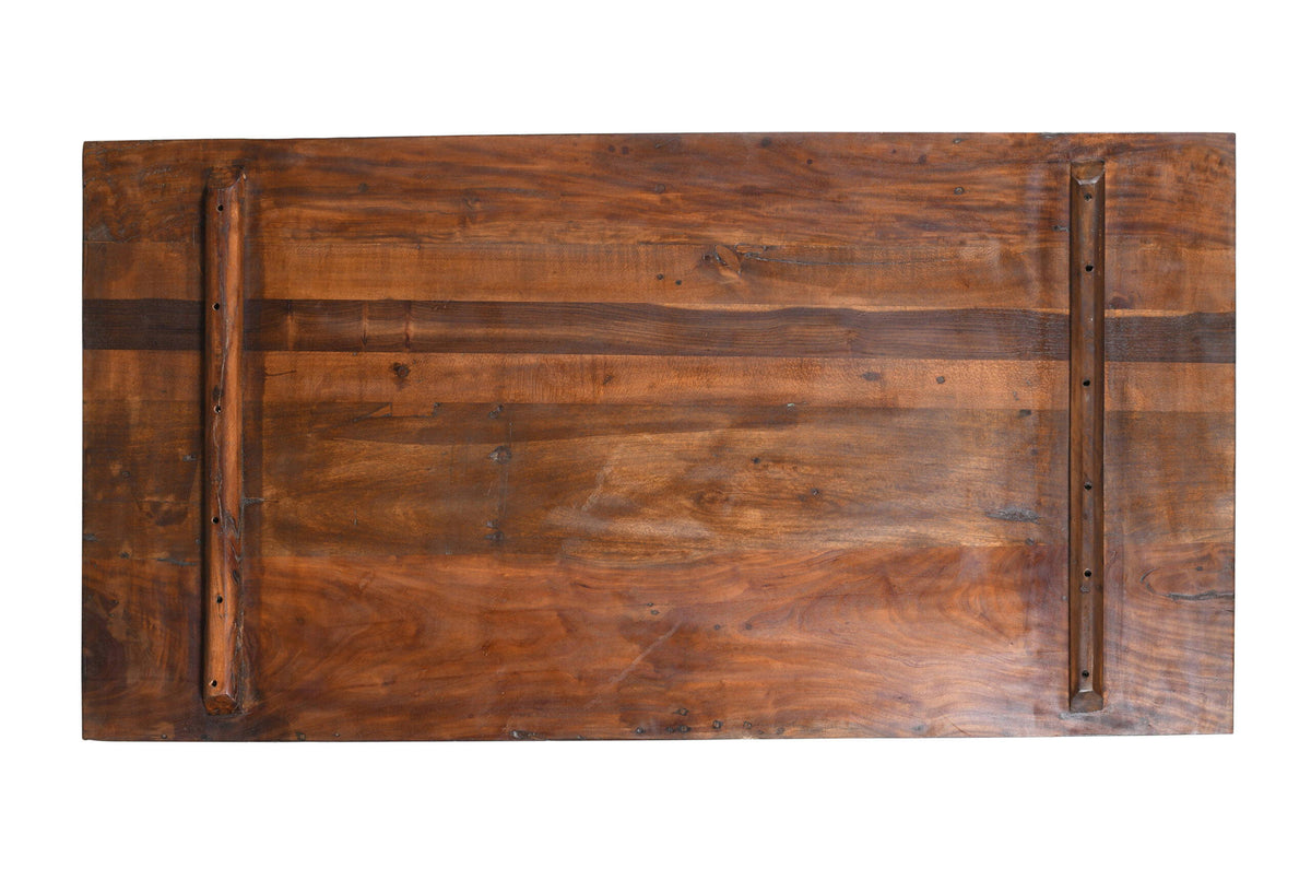 Reclaimed Indian Painted Teak Wood Trestle Table And Top, Supported By A Solid Blacksmith Made Heavyweight Trestle Pair