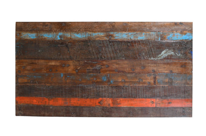 Reclaimed Indian Painted Teak Wood Trestle Table And Top, Supported By A Solid Blacksmith Made Heavyweight Trestle Pair