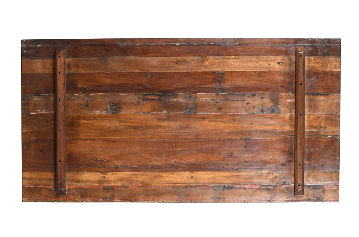 Reclaimed Indian Painted Teak Wood Trestle Table And Top, Supported By A Solid Blacksmith Made Heavyweight Trestle Pair