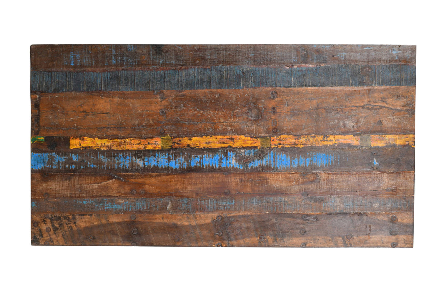 Reclaimed Indian Painted Teak Wood Trestle Table And Top, Supported By A Solid Blacksmith Made Heavyweight Trestle Pair